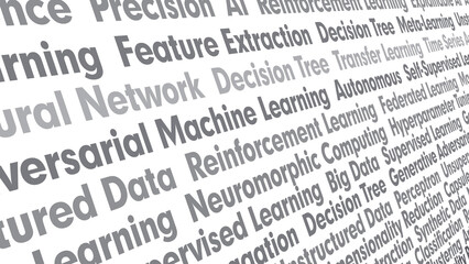 Ai texts on white background showcase innovation, autonomy, and machine learning in future of artificial intelligence