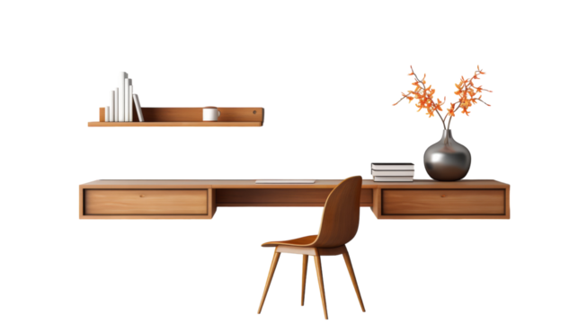 A stylish desk featuring a chair and a vase