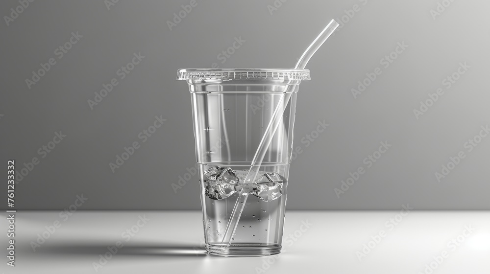 Poster A realistic 3D template of a clear disposable cup with a straw isolated on a transparent grid background. Designed as a packaging mockup for a milkshake, a fresh juice, or a tea drink.