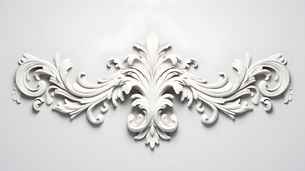 Baroque style White decorative relief on the wall, 3D illustration of beautiful detailed ornament with acanthus leaves