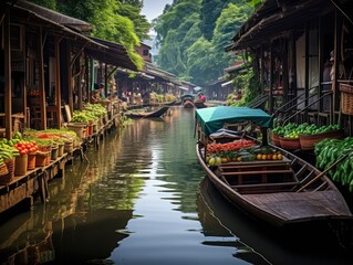 Obraz premium Floating Food Market, Asian Floating Market, Traditional Thailand Culture, Fruits and Vegetables