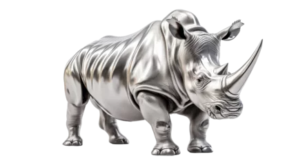 Rolgordijnen A silver rhino statue standing proudly on a white background © momina
