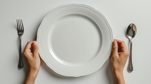 An empty white plate and a hand holding a silver fork and spoon are seen against a white background, with space for a copy