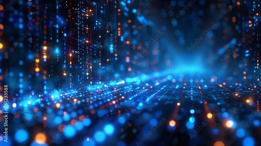 Aufkleber Defocus of digital cyberspace and digital matrix with particles and lighting. An abstract background of digital data network connections and digital analysis processes.