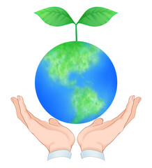 地球と包む手　環境　エコ　エコロジー　素材　イメージ　サスティナブル　脱炭素　SDGs     ナチュラル　芽　世界　挿絵　白背景　白バック　透過