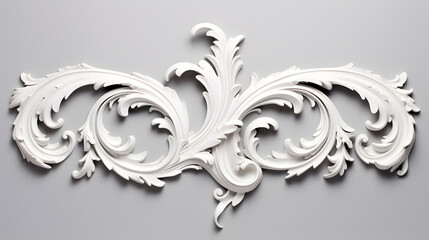 Baroque style White decorative relief on the wall, 3D illustration of beautiful detailed ornament with acanthus leaves - obrazy, fototapety, plakaty