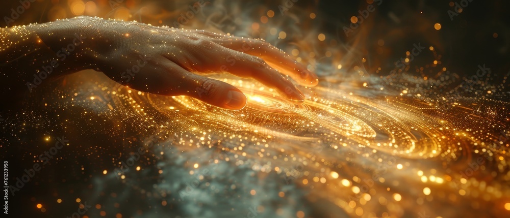 Poster An embracing hand touching a metaverse universe, a conceptual digital transformation for the next era of technology.