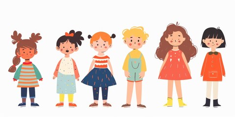 Variety of cartoon vector children in colorful outfits. A diverse group of cartoon children standing in row wearing various colorful outfits representing different styles and personalities 