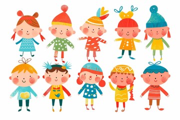 Fototapeta premium Variety of cartoon vector children in colorful outfits. A diverse group of cartoon children standing in row wearing various colorful outfits representing different styles and personalities 