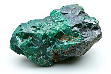 A green mineral from a copper deposit in Chile on a white surface. - obrazy, fototapety, plakaty