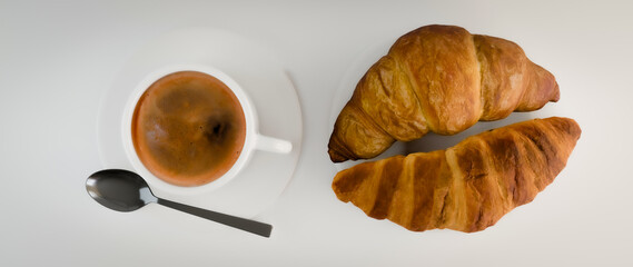 coffee and croissant isolated on white background
