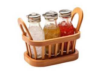 Wooden Basket Filled With Various Drinks. On a White or Clear Surface PNG Transparent Background.