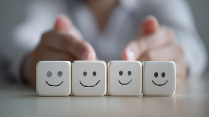 Hand arranging blocks with smiley faces, mood assessment concept. Personality tests. Choosing mood indicators on wooden cubes, emotional test. Selection of smiley faces for psychological profiling - obrazy, fototapety, plakaty