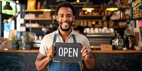 Cheerful multiracial male server holding open sign and facing camera at independent, thriving cafe.