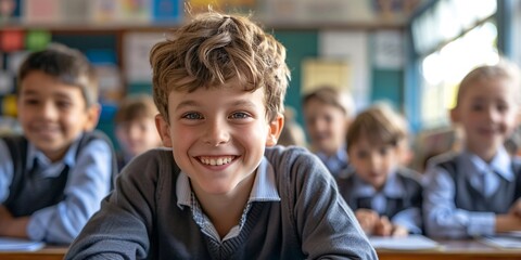 Ecstatic students gathered at desk in classroom.