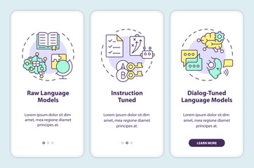 Large language models types onboarding mobile app screen. Walkthrough 3 steps editable graphic instructions with linear concepts. UI, UX, GUI template. Myriad Pro-Bold, Regular fonts used - obrazy, fototapety, plakaty