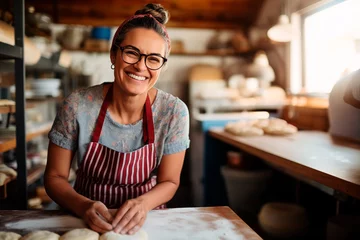 Papier Peint photo Pain Caucasian smiling woman kneading bread in a bakery