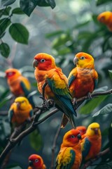 Naklejka premium Professional Photography of a Colorful Array of Tropical Birds Perched on Branches in a Lush Aviary, Generative AI