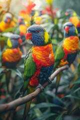Naklejka premium Professional Photography of a Colorful Array of Tropical Birds Perched on Branches in a Lush Aviary, Generative AI