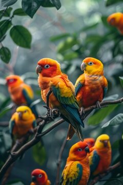 Professional Photography of a Colorful Array of Tropical Birds Perched on Branches in a Lush Aviary, Generative AI