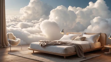 Foto op Plexiglas A bedroom with a bed soars in the skies. © Olena Yefremkina