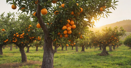 Fresh oranges on citrus trees in the golden glow of sunset. - obrazy, fototapety, plakaty