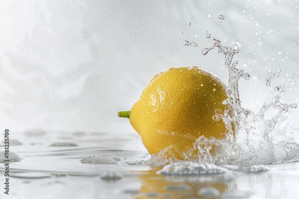 Poster Lemon falling into the water with a splash of water on a white background