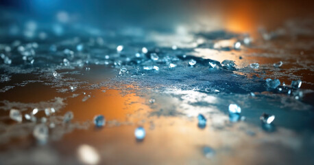 Abstract digital glitch effect overlays glass surface, creating mesmerizing texture against blue-orange background.