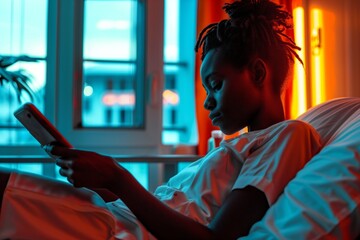 African young woman lying on bed using tablet