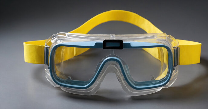Protective goggles on white background, essential for safety in lab work and construction.