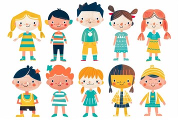 Variety of cartoon vector children in colorful outfits. A diverse group of cartoon children standing in row wearing various colorful outfits representing different styles and personalities 