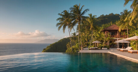 Fototapeta premium Breathtaking sunset over luxury resort, with stunning pool, beachfront view, and palm trees, ideal for dreamy vacation getaway.
