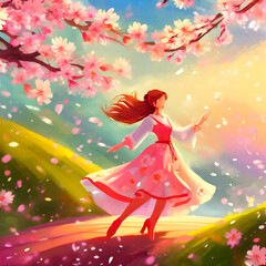 벚꽃 앞에서 춤추는 여자