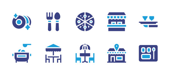 Restaurant icon set. Duotone color. Vector illustration. Containing street food, cutlery, restaurant, table, plate, catering, pizza, pot, food tray, cafe.