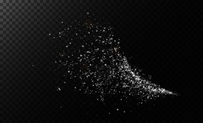 White scattering of small particles of sugar crystals, flying salt, top view of baking flour. White powder, explosion of powdered sugar isolated on dark background. Vector illustration.	