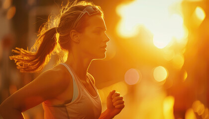 Beautiful woman running at sunset, closeup of her face and upper body in motion on blurred city background