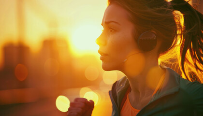 Beautiful woman running at sunset, closeup of her face and upper body in motion on blurred city background