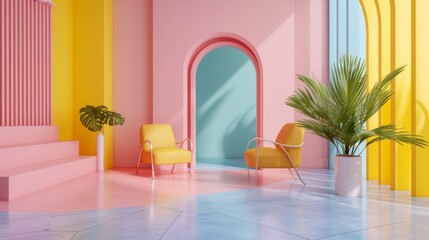 Bright room with armchairs, pink and yellow - 761236387