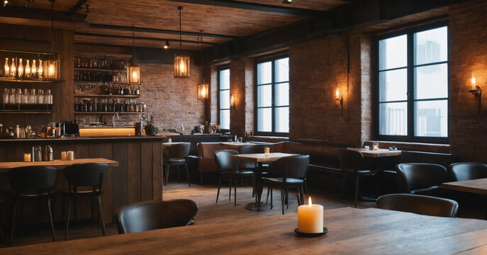 Empty restaurant with modern yet rustic interior design, featuring cozy wooden furniture and clean, spacious atmosphere.