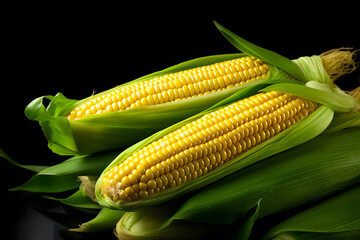 Ripe yellow corn on the cob with green leaves over a black background