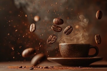 Coffee cup and coffee beans with steam on brown background.