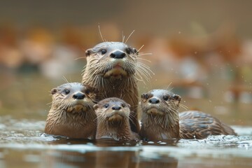 Obraz premium Professional Photography of a Family of Playful Otters Frolicking in Their Watery Habitat, Generative AI