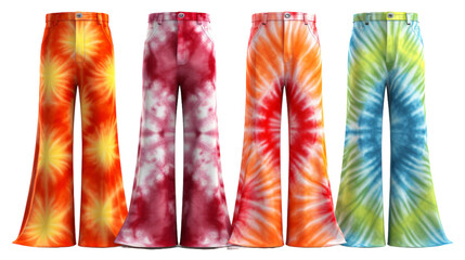 A colorful row of different pants displayed on a white background