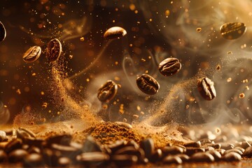 Roasted coffee beans flying in the air with smoke on dark background