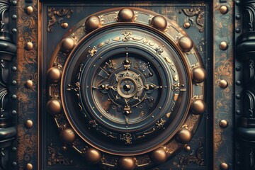 Fototapeta premium Retro Steampunk Safe, Vintage Banking, Ornate Steel Safe Drawing Imitation, Abstract Generative AI Illustration