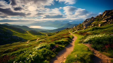 Fototapeta na wymiar Breathtaking View of Serene Highland Hiking Trail Awash with Untouched Natural Beauty.