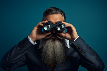Portrait of  bearded man in a suit using binoculars to look into the distance
