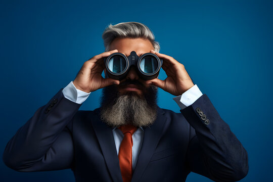 Portrait of  bearded man in a suit using binoculars to look into the distance