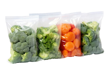 Three Bags of Broccoli, Carrots, and Cauliflower. On a White or Clear Surface PNG Transparent Background.
