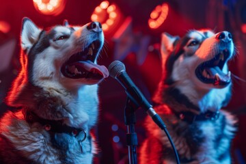 Singing Dogs, Disco of 80s, Concert of 90s, Karaoke with Huskies with microphones, Funny Dog Disco